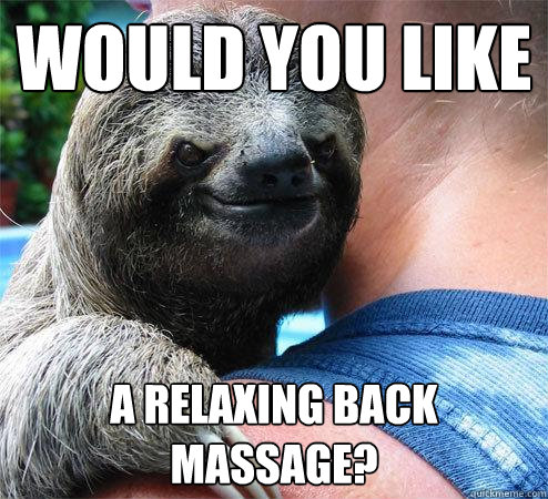 would you like a relaxing back massage? - Suspiciously Evil Sloth -  quickmeme
