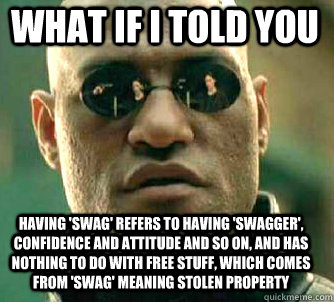 what if i told you having 'swag' refers to having 'swagger', confidence and  attitude and so on, and has nothing to do with free stuff, which comes from  'swag' meaning stolen property -