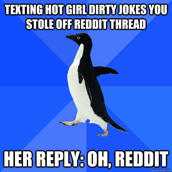 Texting hot girl dirty jokes you stole off reddit thread her reply: Oh,  reddit - Socially Awkward Penguin - quickmeme