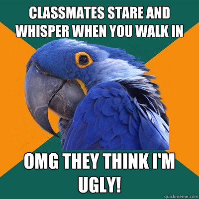 Classmates stare and whisper when you walk in OMG they think I'm ugly! -  Paranoid Parrot - quickmeme