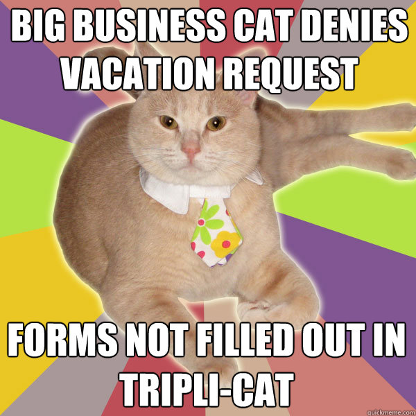Big Business Cat denies vacation request forms not filled out in tripli-cat  - Big Business Cat - quickmeme