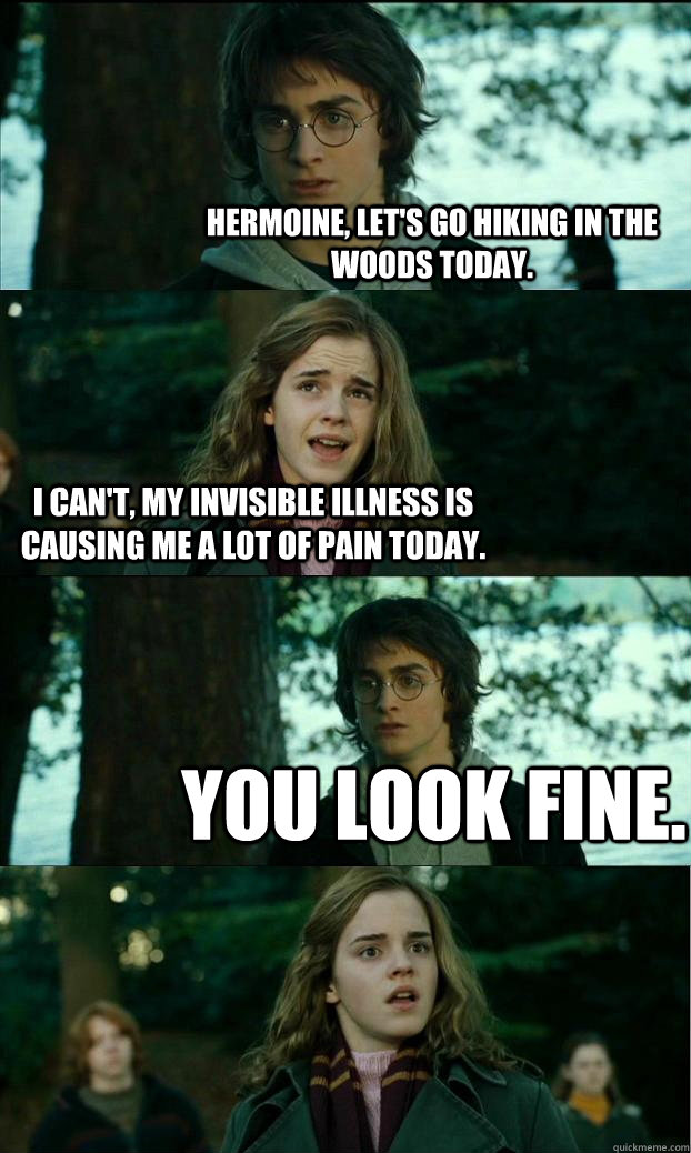 hermoine, Let's go hiking in the woods today. I can't, my invisible illness  is causing me a lot of pain today. You LOOK fine. - Horny Harry - quickmeme