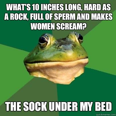What's 10 inches long, hard as a rock, full of sperm and makes women  scream? The sock under my bed - Foul Bachelor Frog - quickmeme