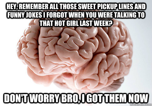 hey, remember all those sweet pickup lines and funny jokes i forgot when  you were talking to that hot girl last week? don't worry bro, I got them  now - Scumbag Brain -