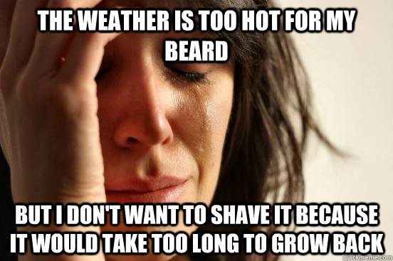 THE WEATHER IS TOO HOT FOR MY BEARD BUT I DON'T WANT TO SHAVE IT BECAUSE IT  WOULD TAKE TOO LONG TO GROW BACK - First World Problems - quickmeme