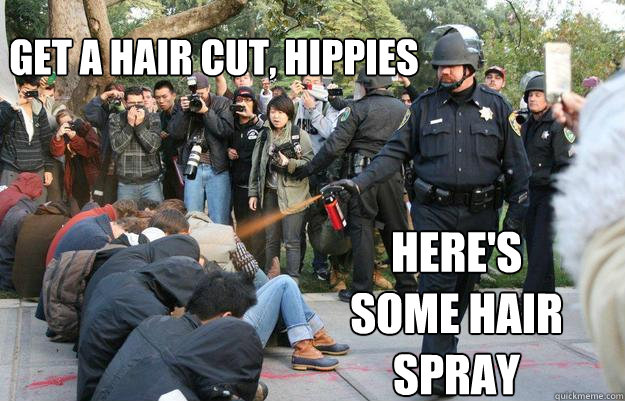 Get a hair cut, hippies Here's some hair spray - Pimp Pepper Spray Cop -  quickmeme
