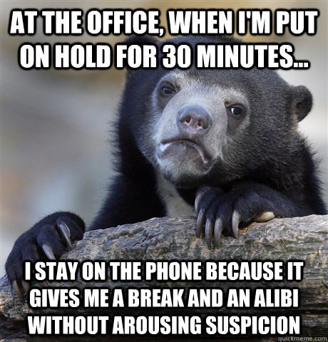 at the office, when i'm put on hold for 30 minutes... i stay on the phone  because it gives me a break and an alibi without arousing suspicion -  Confession Bear - quickmeme