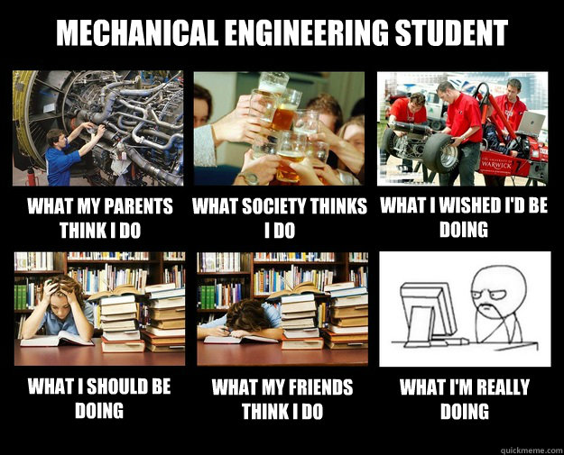 Mechanical Engineering Student What my parents think i do what society  thinks i do what i wished i'd be doing what i should be doing what my  friends think i do What