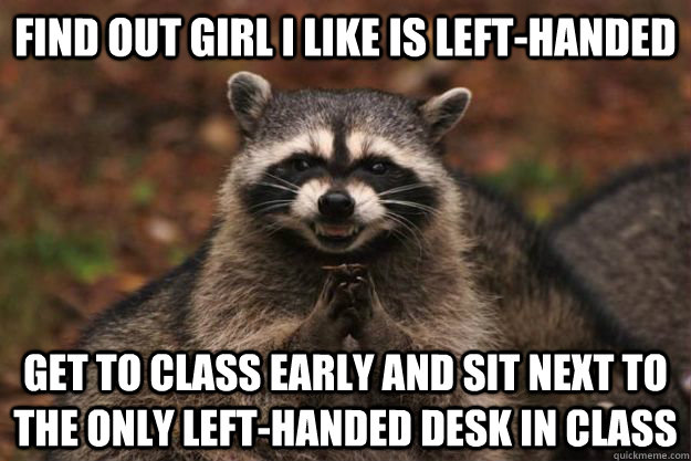Find out girl i like is left-handed Get to class early and sit next to the  only left-handed desk in class - Evil Plotting Raccoon - quickmeme