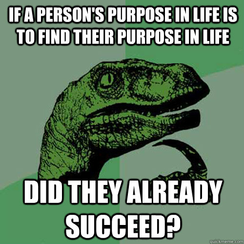 If a person's purpose in life is to find their purpose in life did they  already succeed? - Philosoraptor - quickmeme