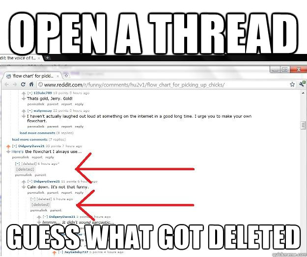 Open a thread guess what got deleted - Reddit fun - quickmeme