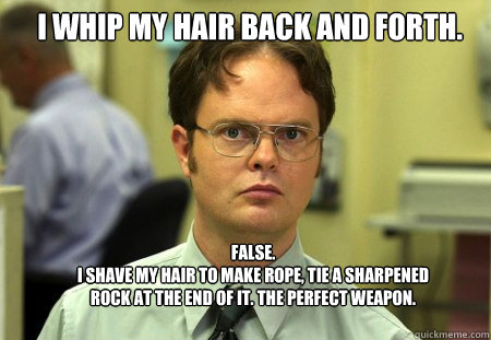 I whip my hair back and forth. FALSE. I shave my hair to make rope, tie a  sharpened rock at the end of it. The perfect weapon. - Schrute - quickmeme