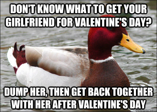 Don't know what to get your girlfriend for valentine's day? Dump her, then  get back together with her after Valentine's day - Malicious Advice Mallard  - quickmeme